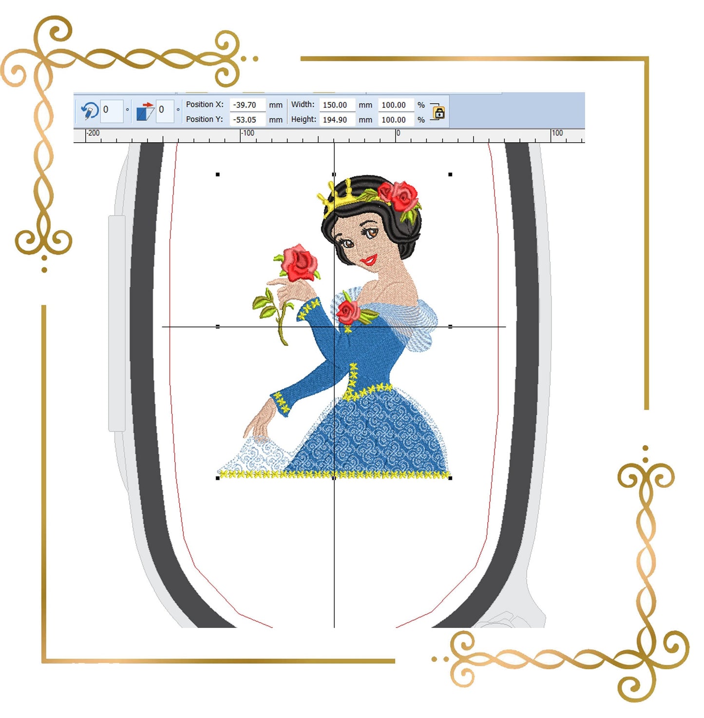 Princess Snow Disney White  Roses Disney character  Embroidery  machine design  to the direct download